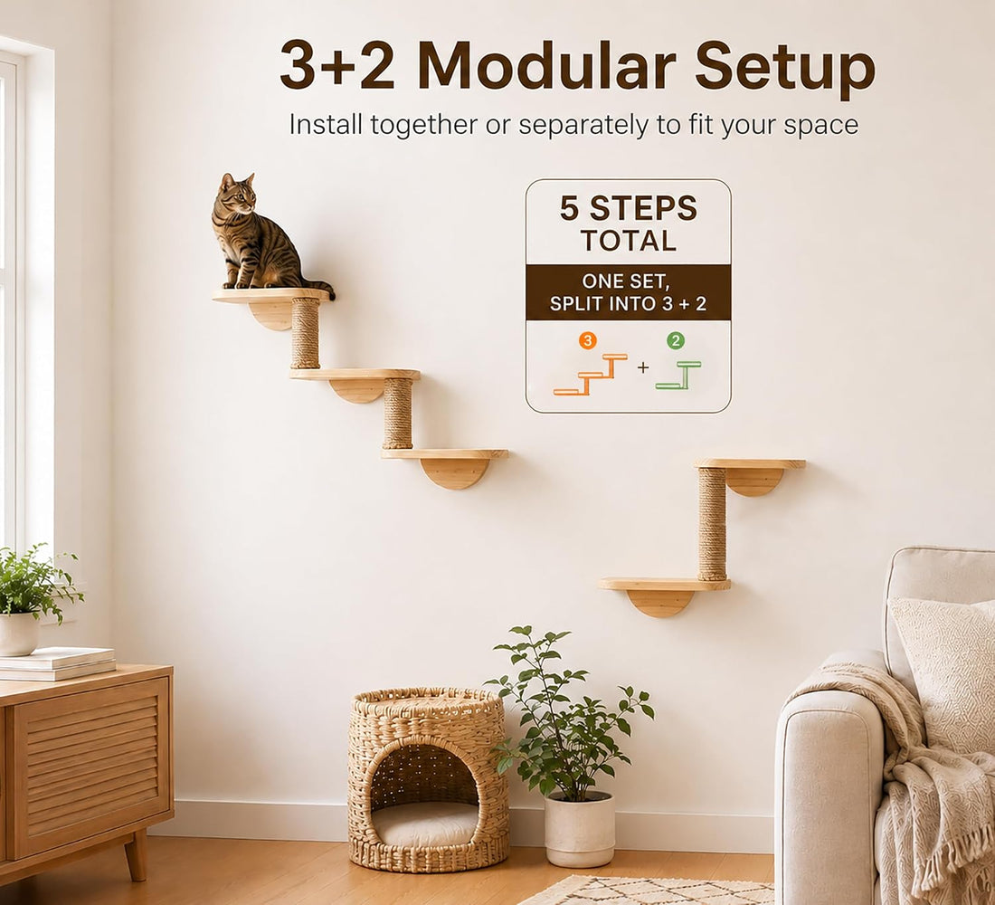 Cat Wall Shelves,5-Step Cat Stairs,Solid Pine Modular Wall Mount