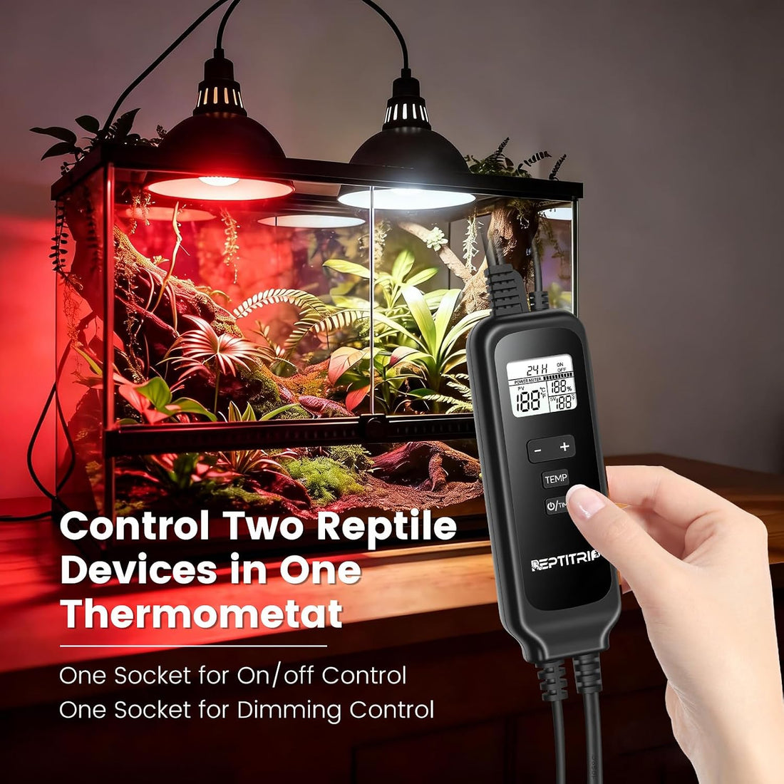 2 in 1 Reptile Dimming Thermostat with 2 Socket for Timer & Heating