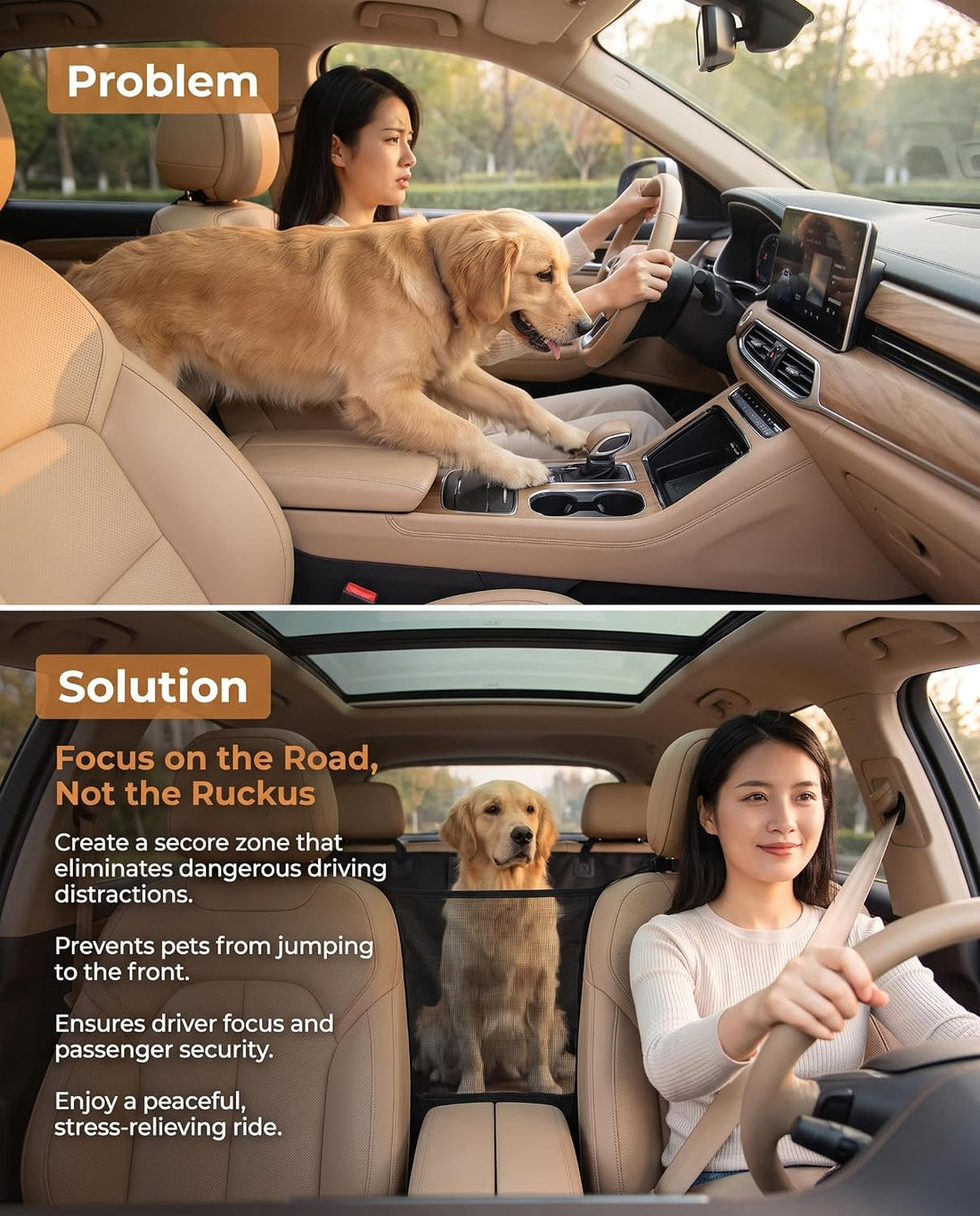 Dog Car Barrier, 600D Oxford Pet Divider Net with Storage Pockets