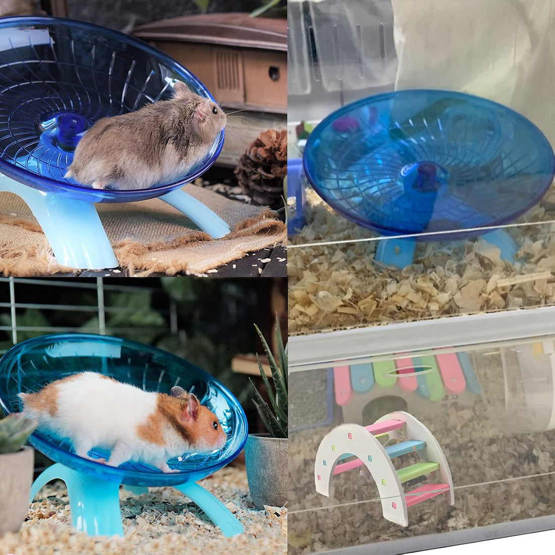 2 Pack Hamster Wheel Flying Saucer & Wood Bridge for Hedgehog Gerbil