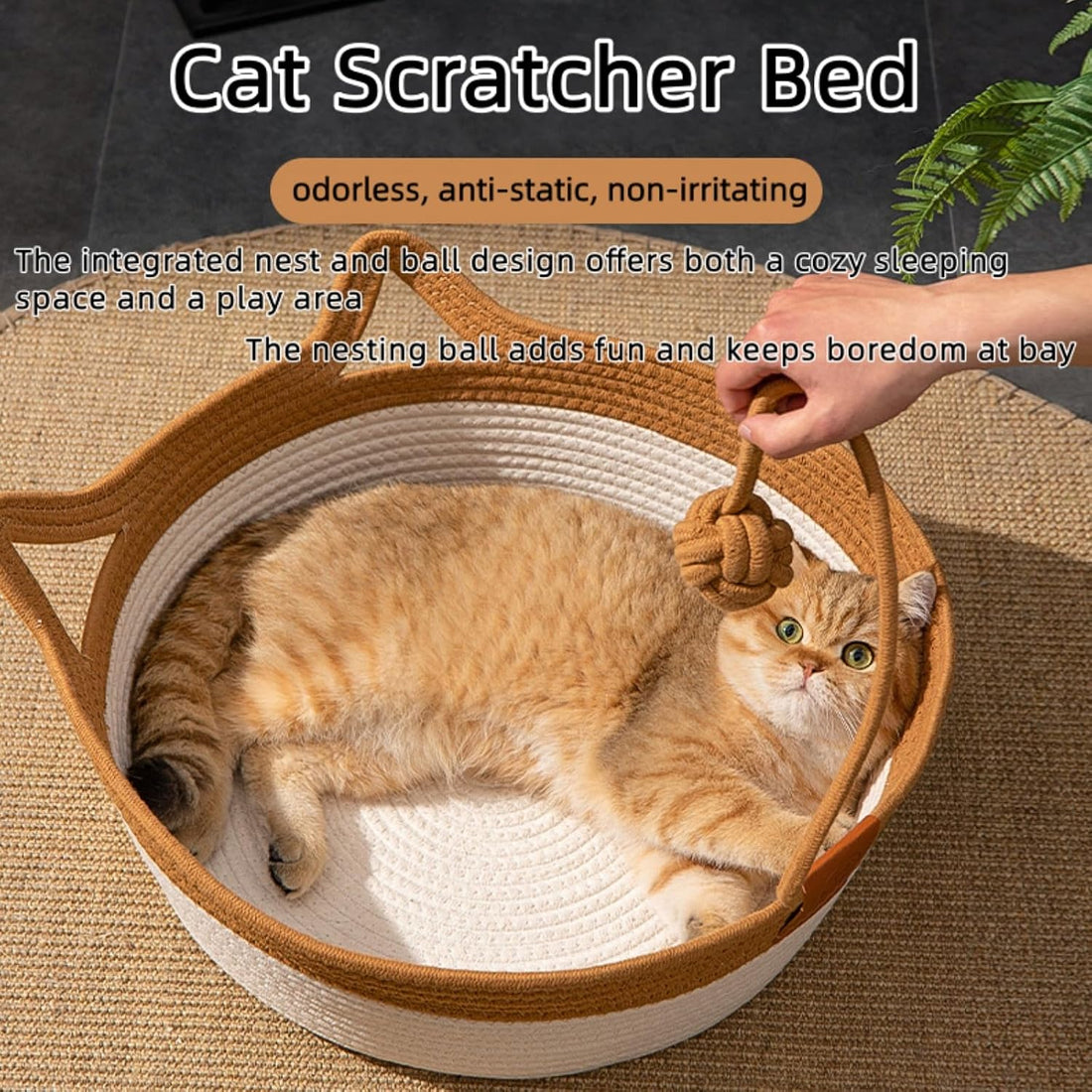 Instinct Basket, Stimuli Handwoven Cat Basket Rope Cotton Bed, Large