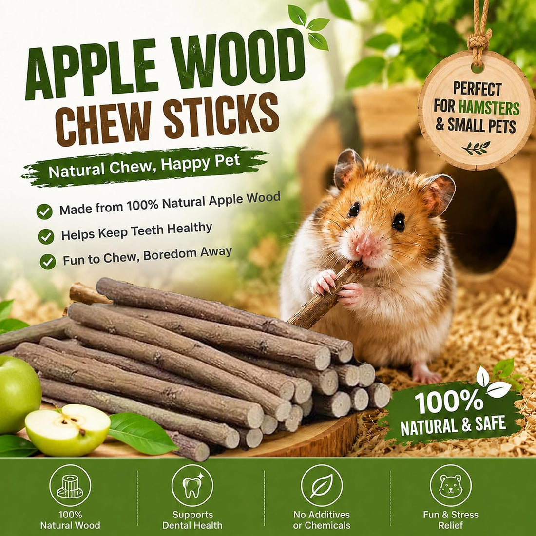 WDEFUN 500g Organic Apple Sticks Small Animals Molar Wood Treats Toys