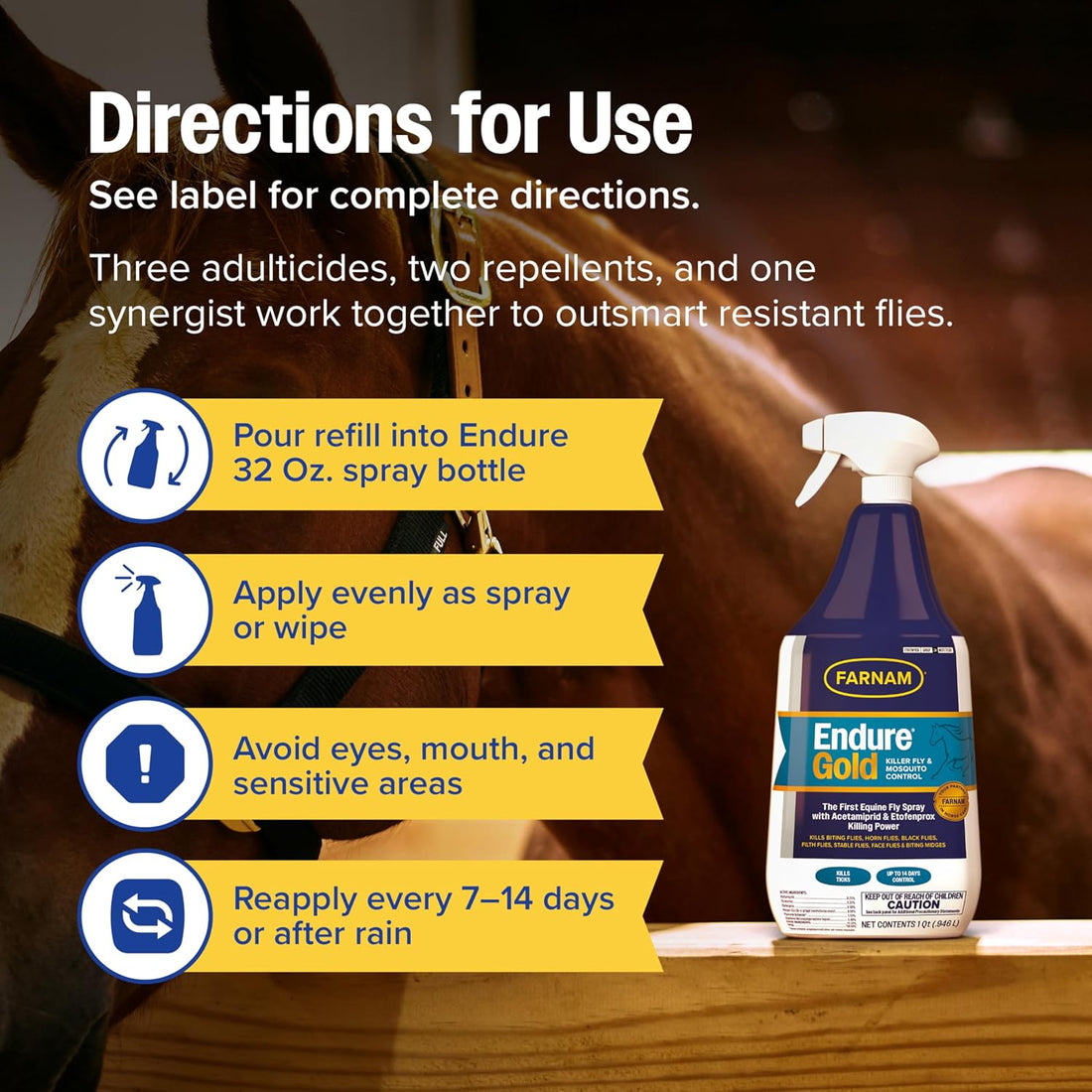 Farnam Endure Gold Fly Spray for Horses, Kills Flies Fast