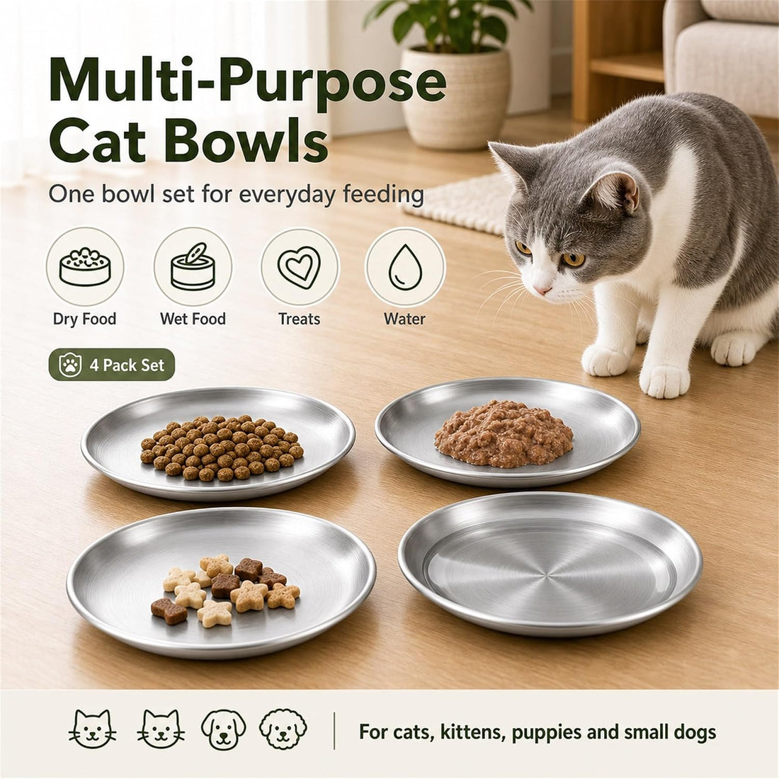 Cat Bowls, 4 Pack Stainless Steel Cat Food Bowl Set