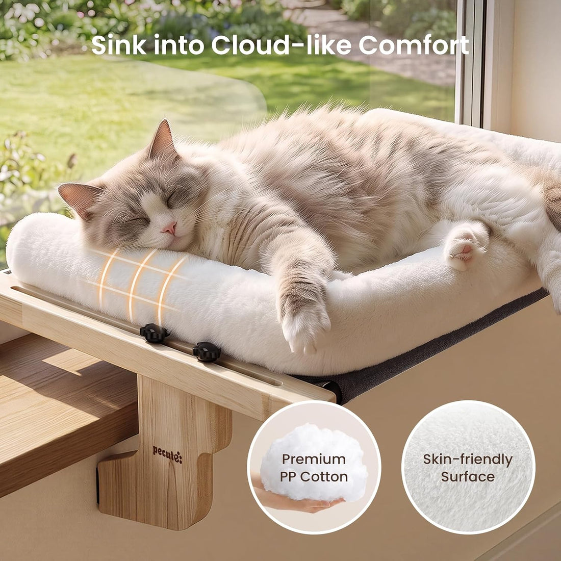 Pecute Cat Windowsill Perch, Cloud-Soft Cat Bed with Wood Frame