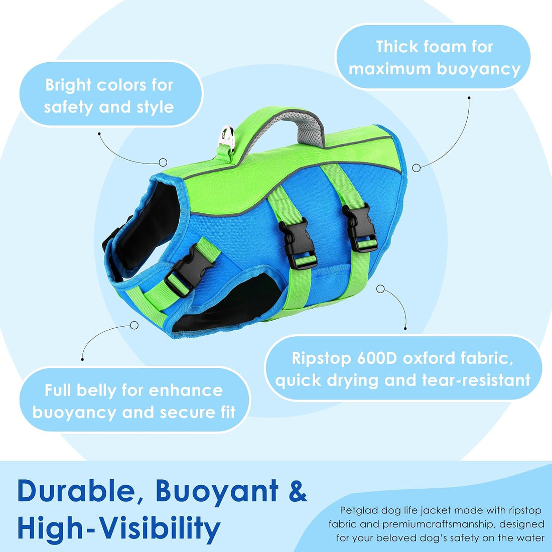 Petglad Dog Life Jacket with Handle Adjustable Swim Vest, Blue & Green