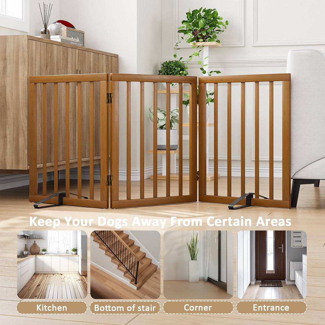 Mino Kesper Freestanding Pet Gate Foldable Dog Gate Walnut Bamboo Dog