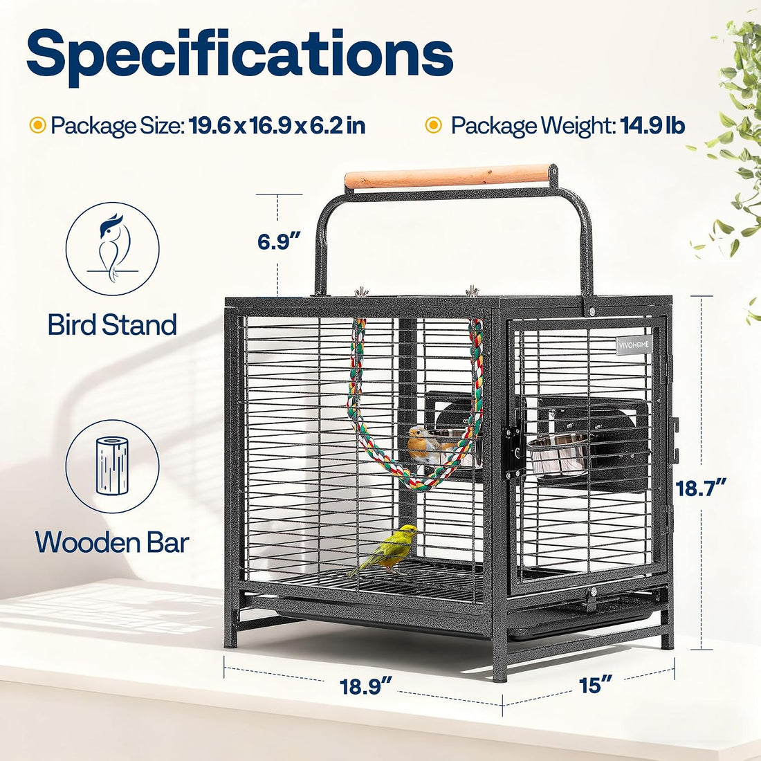 VIVOHOME 19 Inch Wrought Iron Bird Travel Carrier Cage for Parrots