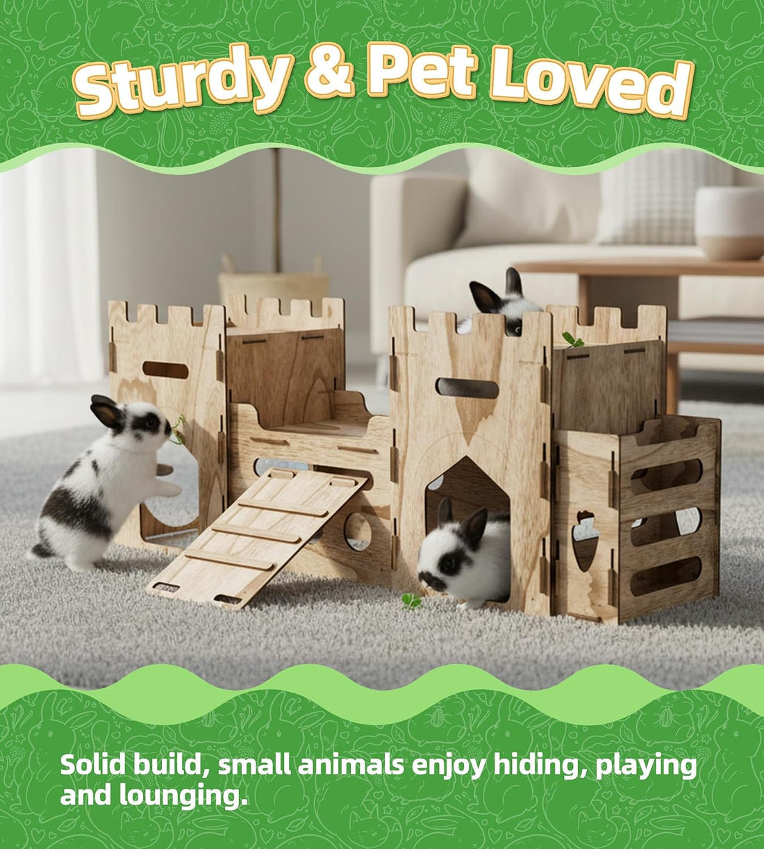HIIMALEX Large Wooden Bunny Castle Rabbit House Indoor Small Animal