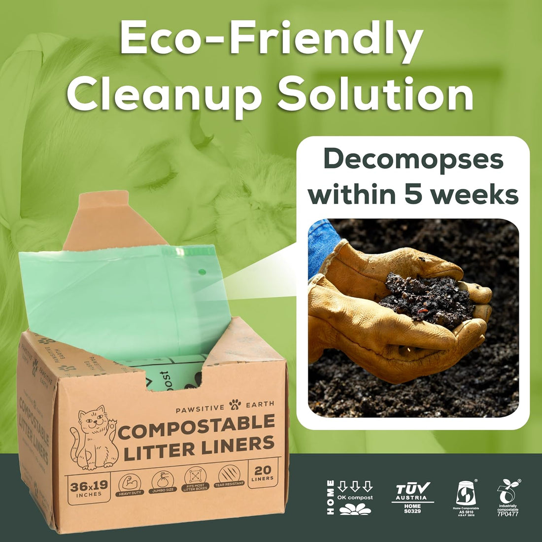 Cat Litter Box Liners 100% Compostable - Drawstring Close - 20 Count
