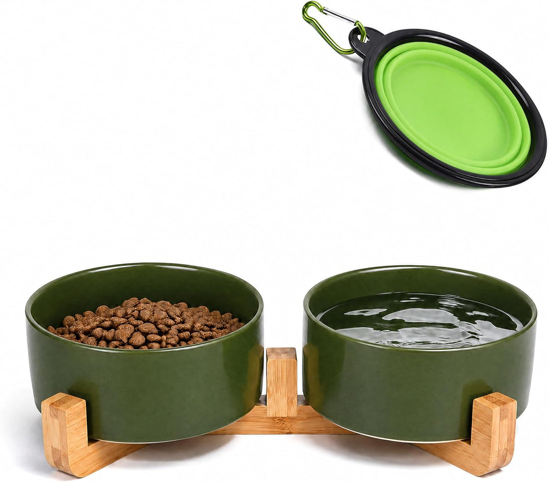 Petygooing Ceramic Dog Cat Bowls Set with Stand,Black Pet Food