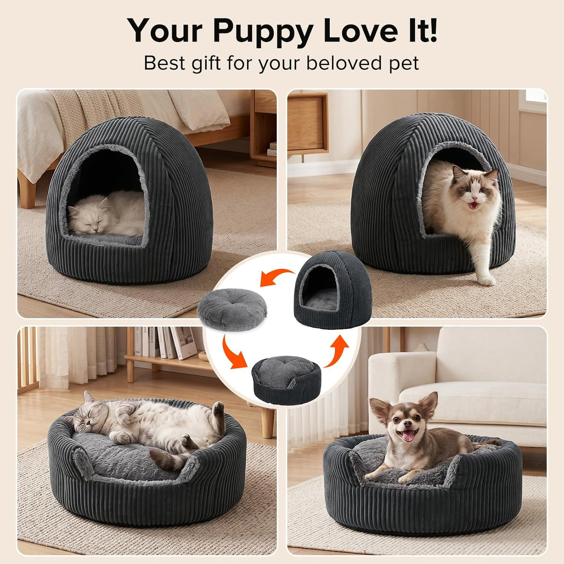 2-in-1 Cat Beds for Indoor Cats Cave Enclosed Bed with Washable Pillow