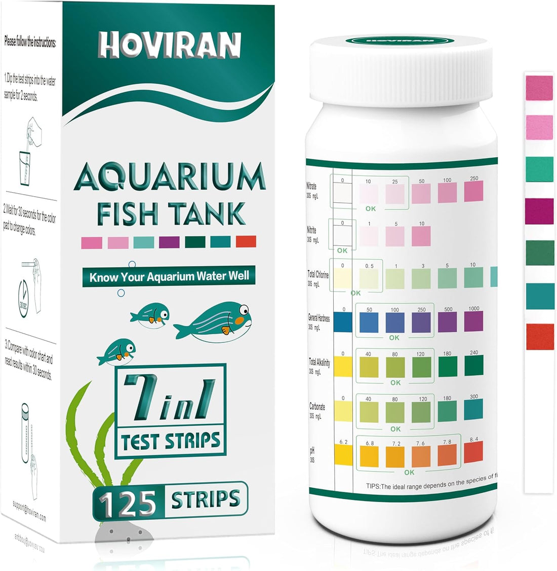 7 Way Aquarium Test Strips, 125 Strips for Fish Tank & Pond Test Kit
