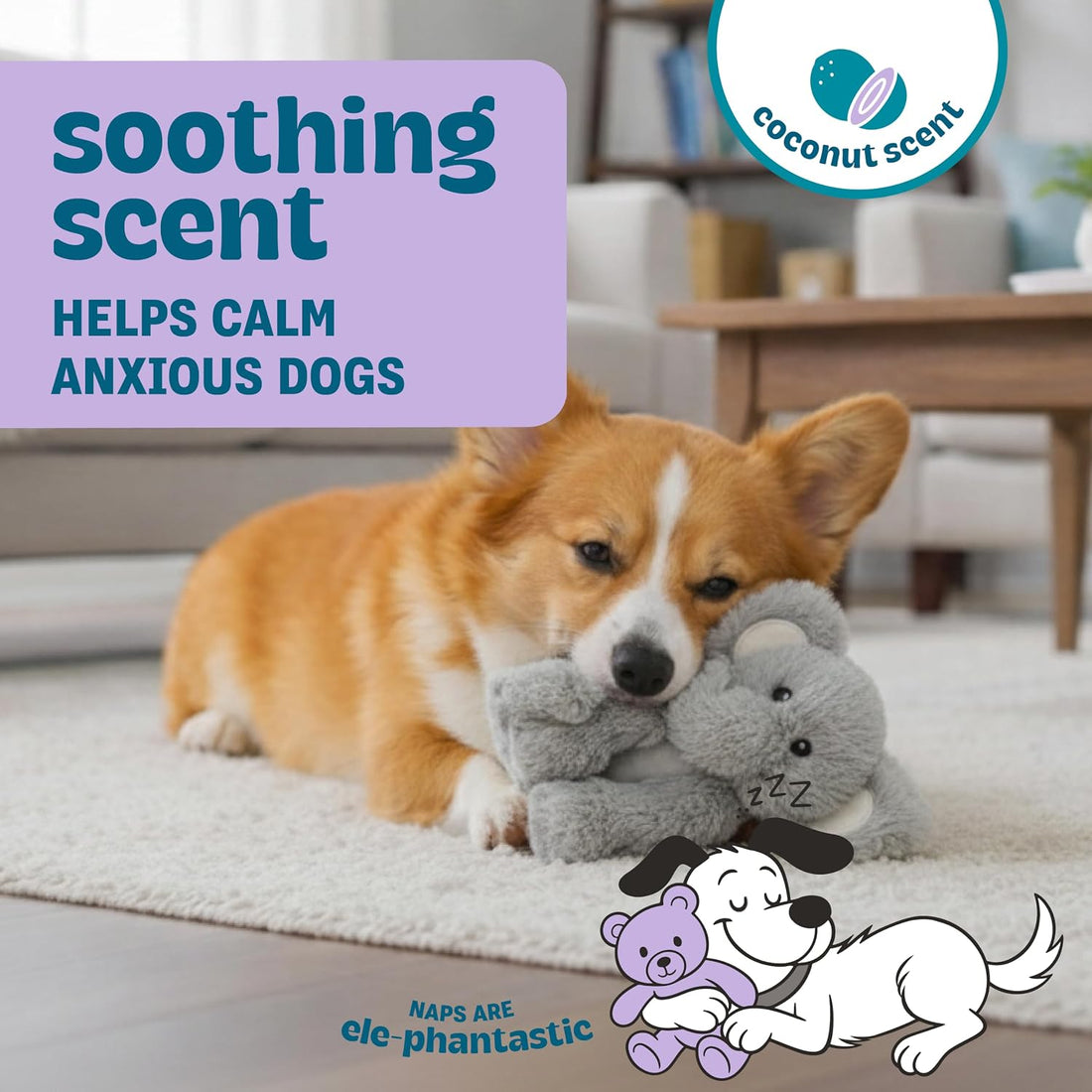 Calming Plush Squeaky Dog Toy, Coconut Scent, Elephant, Small, 8"