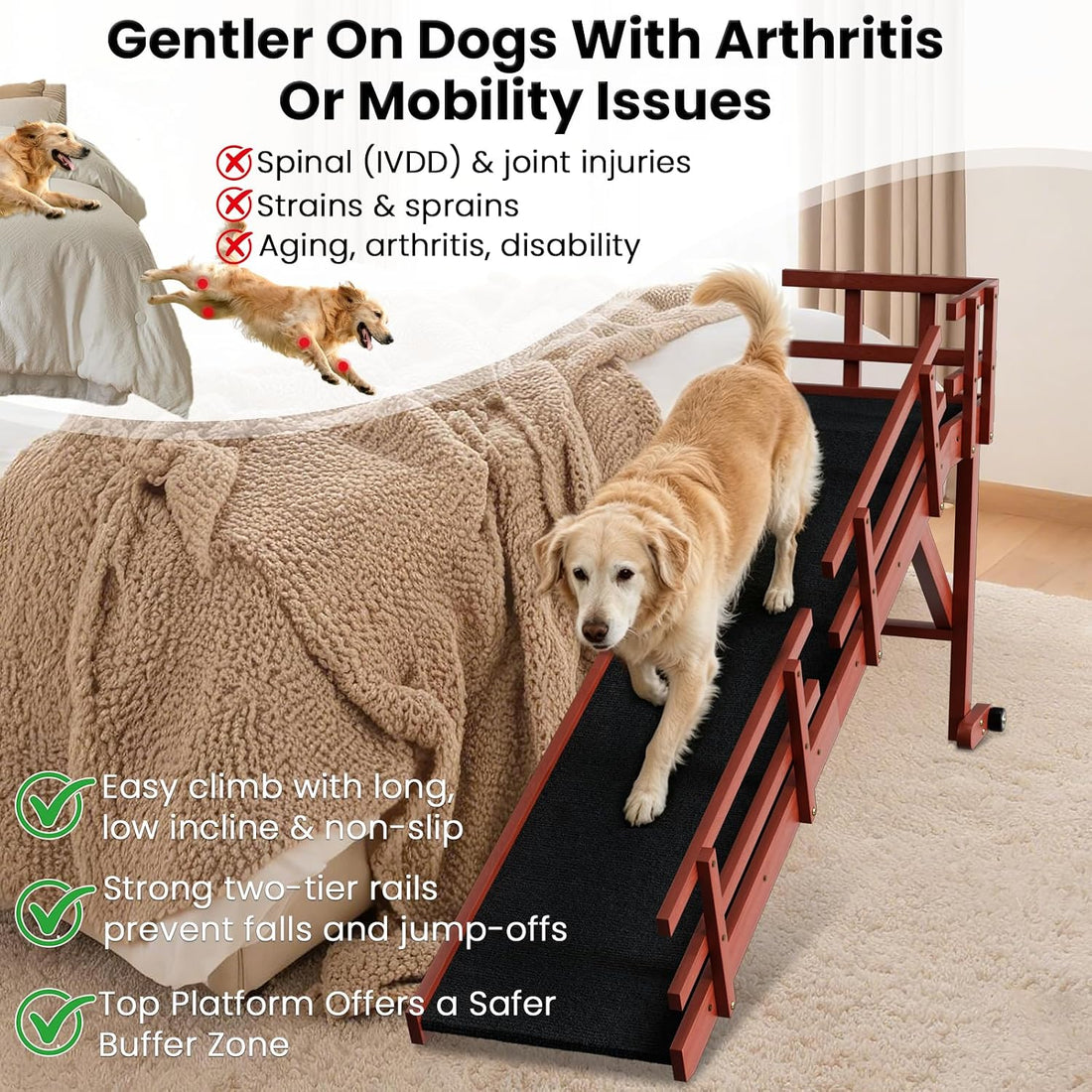 whiffee 60" Dog Ramp for Bed & Couch with Top Rest Platform & Wheels