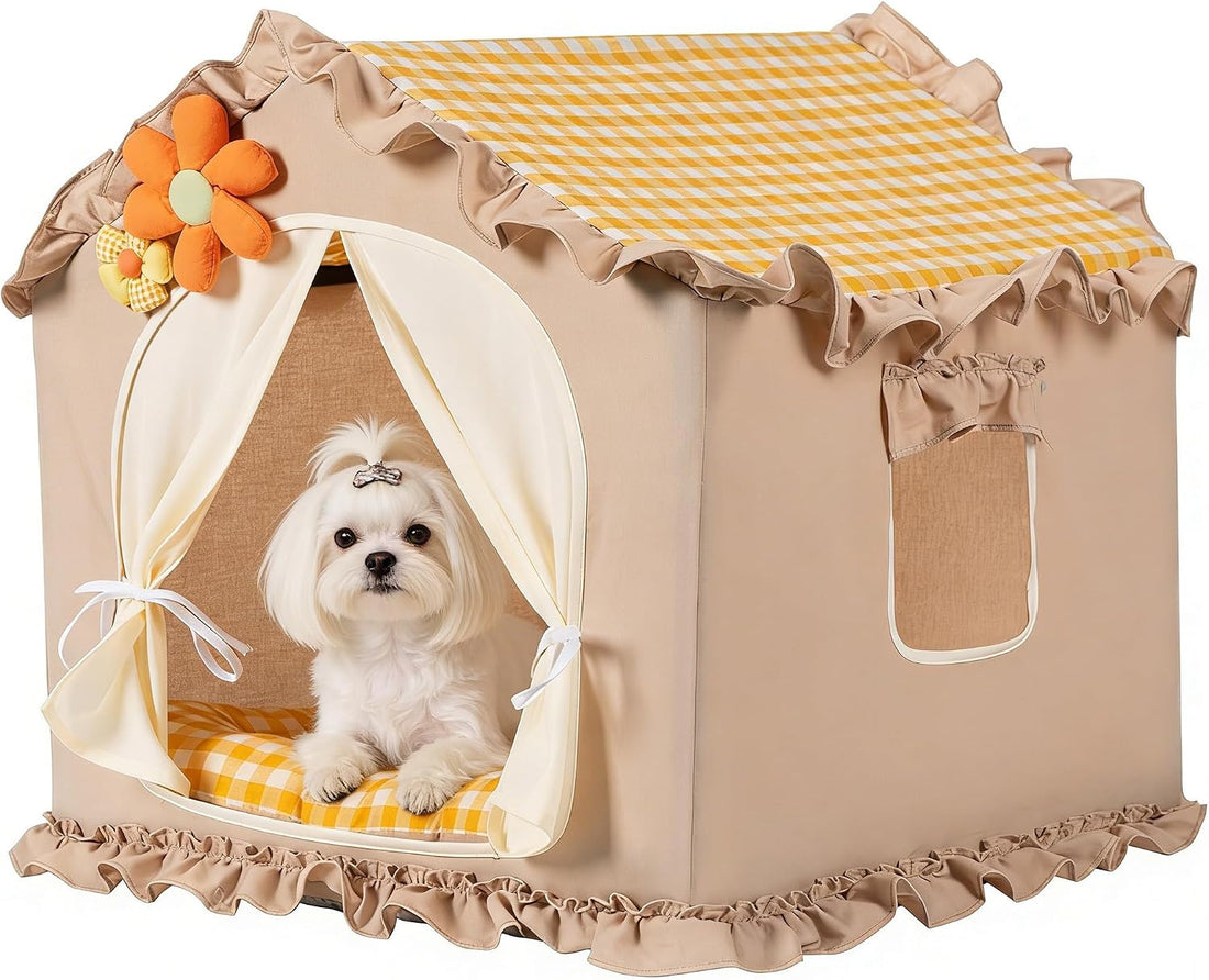 Yellow Indoor Dog House with Frame Foldable Breathable for Small Dog