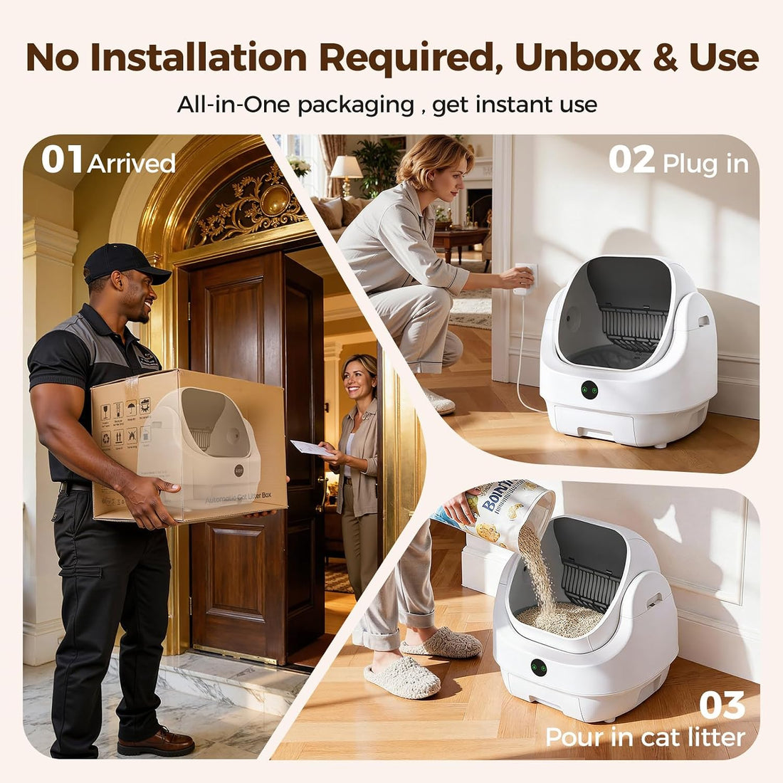 Open-Top Automatic Litter Box, Odor Control, Ready to Use
