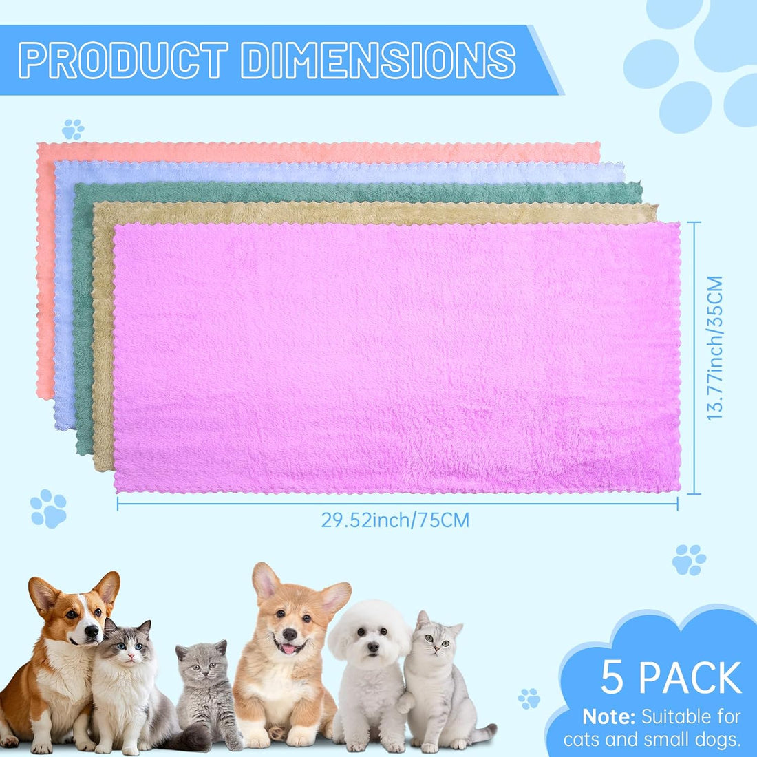 DuckSky 5Pcs 29.5 x 13.77'' Cat Towels Microfiber Pack Bulk