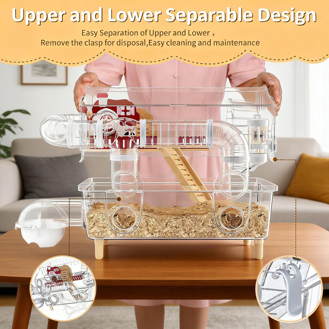 8 in 1 Acrylic Hamster Cage,2 Tier Dwarf Hamster Cage with 360°