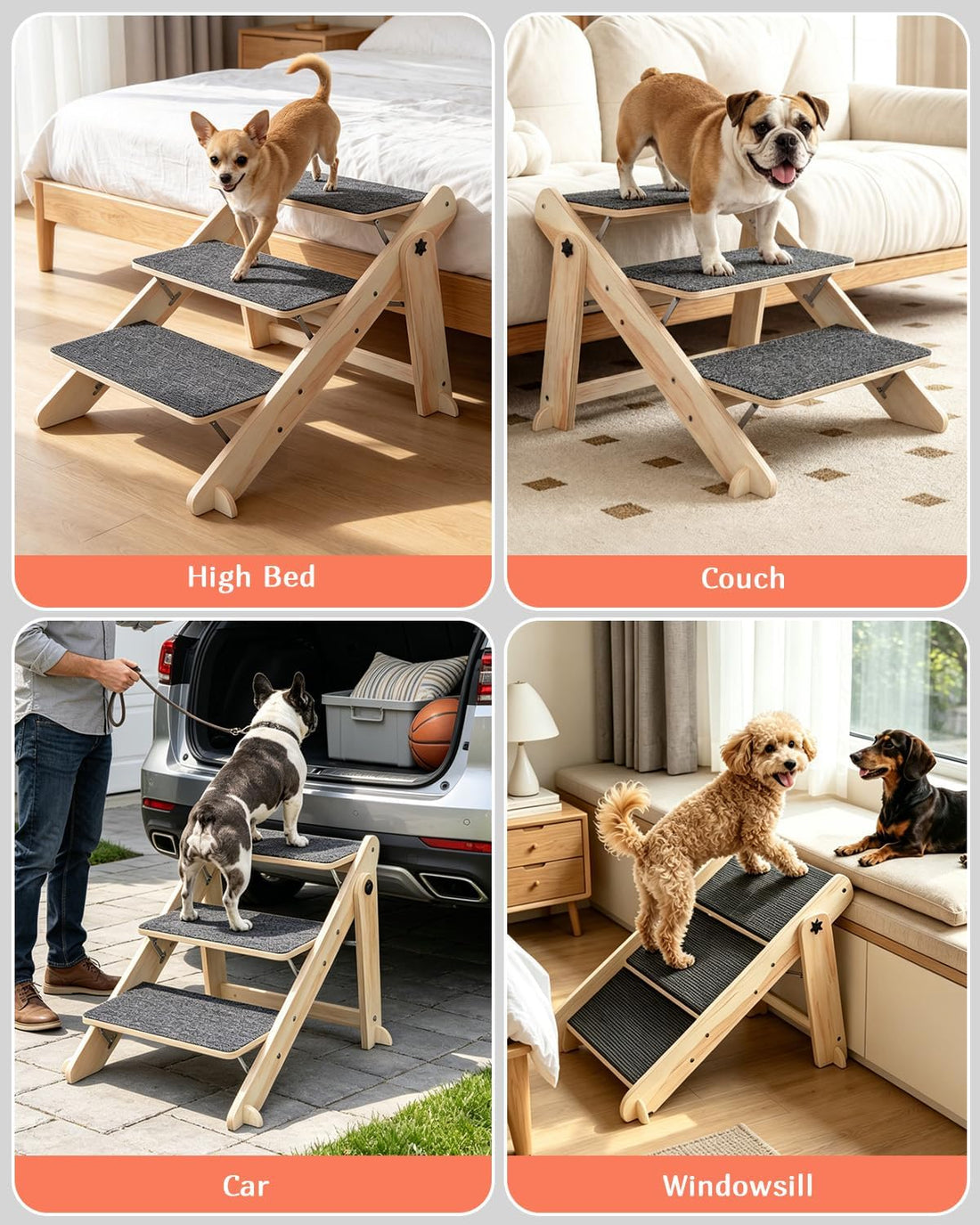 Woodure Foldable Dog Stairs, Convertible 3-Step Wooden Dog Ramp