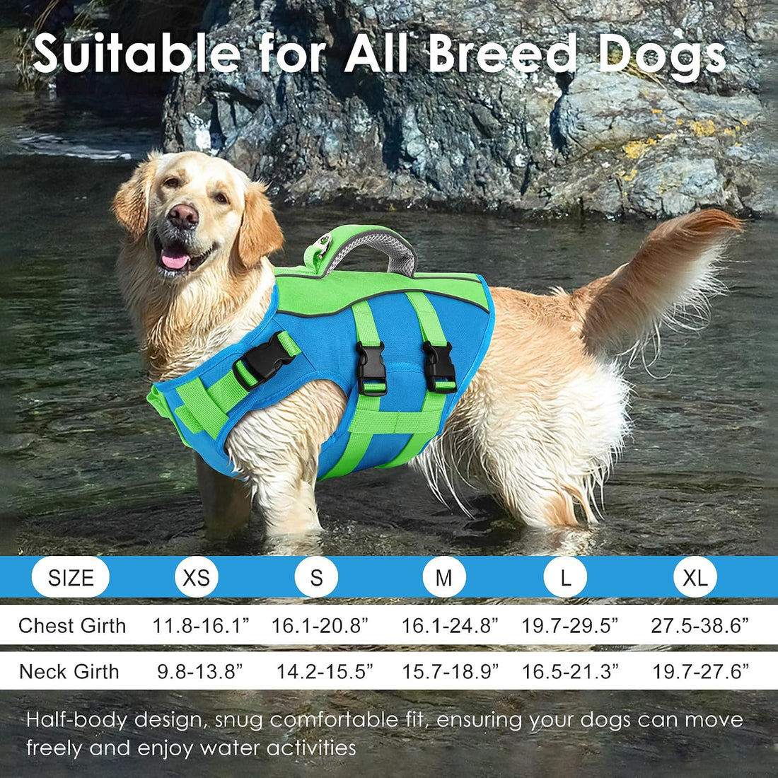 Petglad Dog Life Jacket with Handle Adjustable Swim Vest, Blue & Green