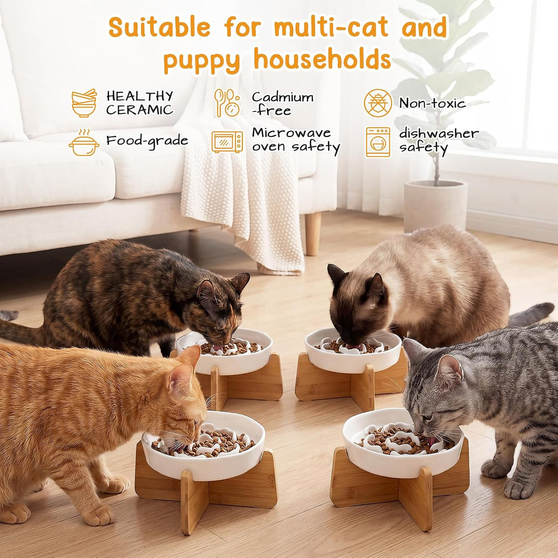 2 Set Raised Slow Feeder Cat Bowl with Stand Ceramic