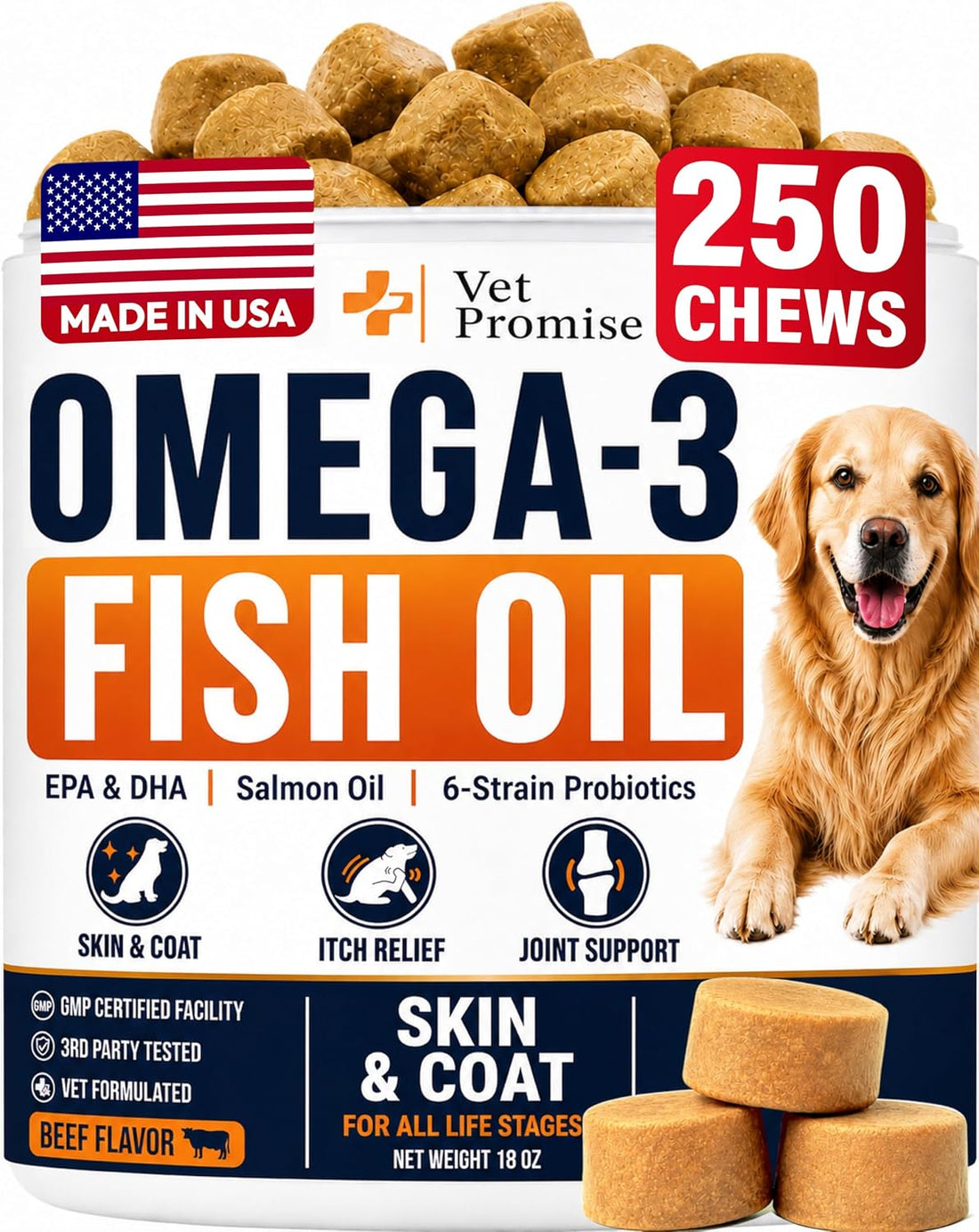Omega 3 for Dogs - 250 Chews - Fish Oil for Dogs