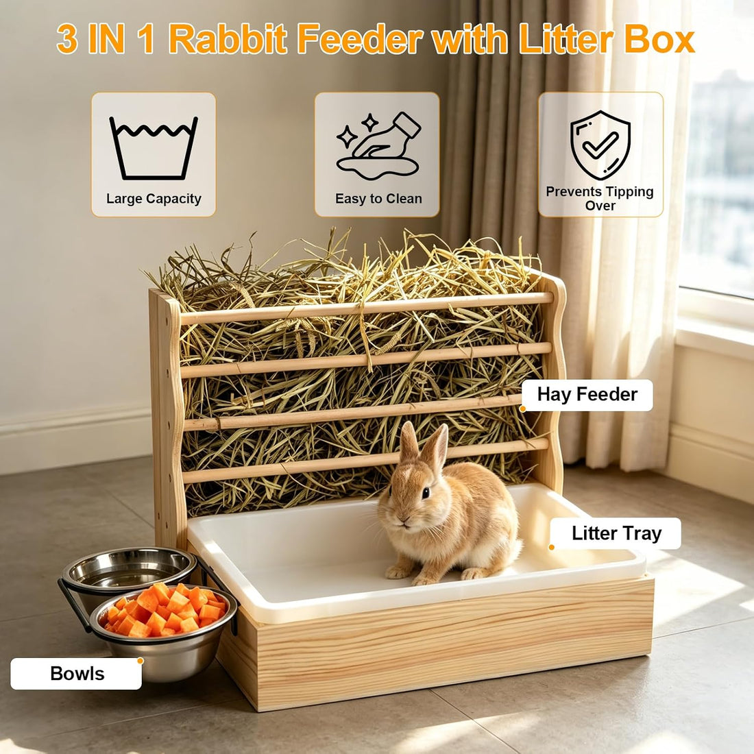 Rabbit Hay Feeder, 3 in 1 Wood Bunny Hay Holder with Litter Box