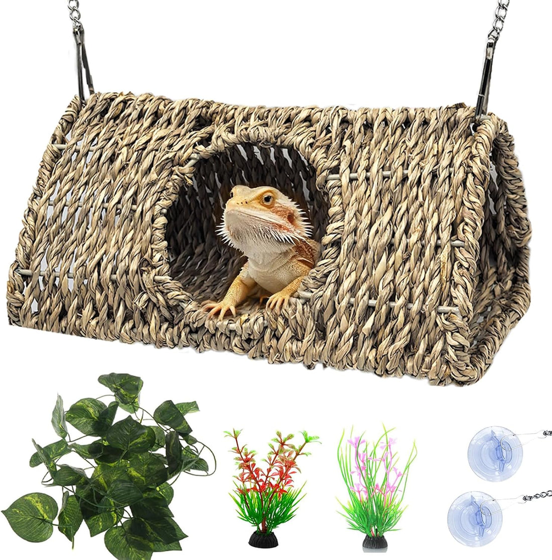 Hanging Reptile Hide Cave,Natural Seagrass Bearded Dragon Hammock