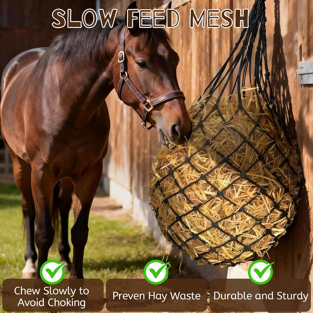 3 Pcs 47" Hay Nets for Horses with Straps & Hooks