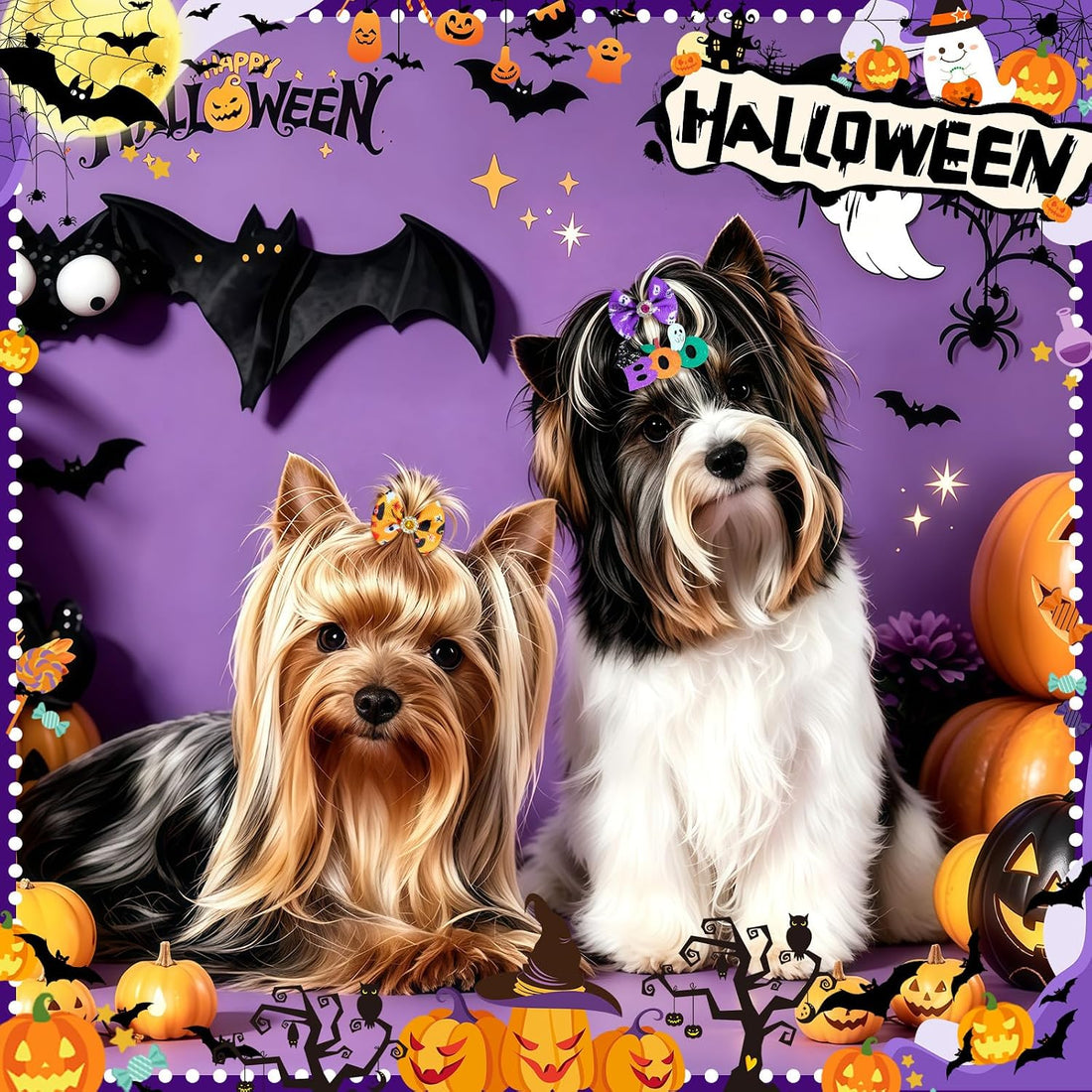 SUMMORO 68Pcs/34Pairs Halloween Dog Hair Bows with Rubber Bands