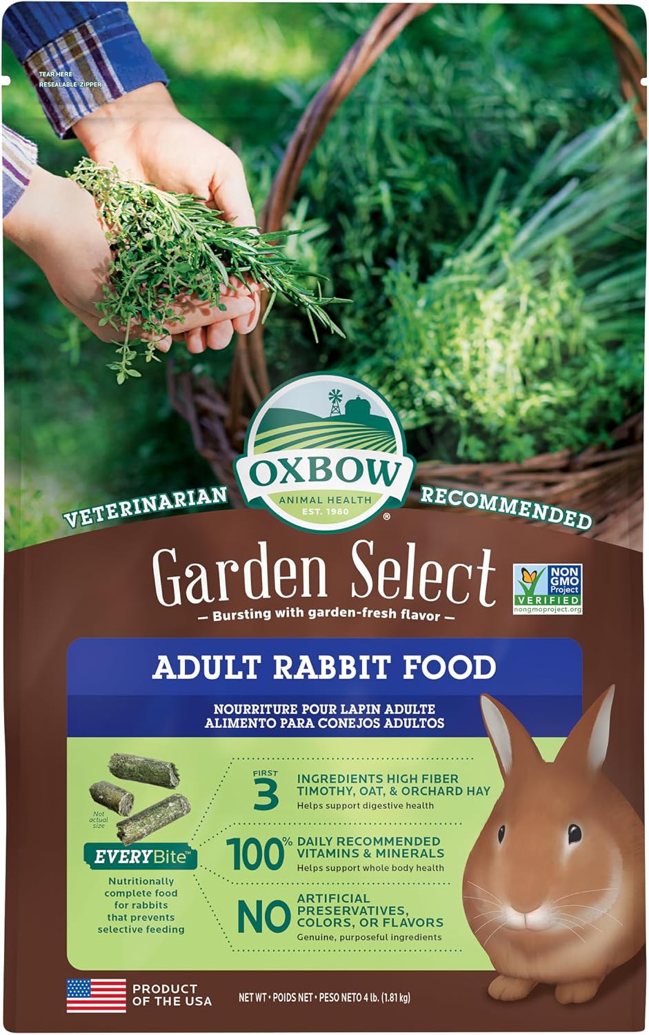 Oxbow Garden Select Adult Rabbit Food, High-Fiber Rabbit Pellets, USA