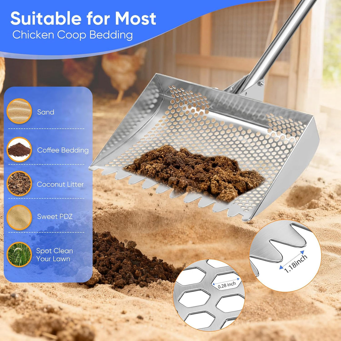 12inch Chicken Poop Scooper & Rake 2-in-1 with Adjustable Handle