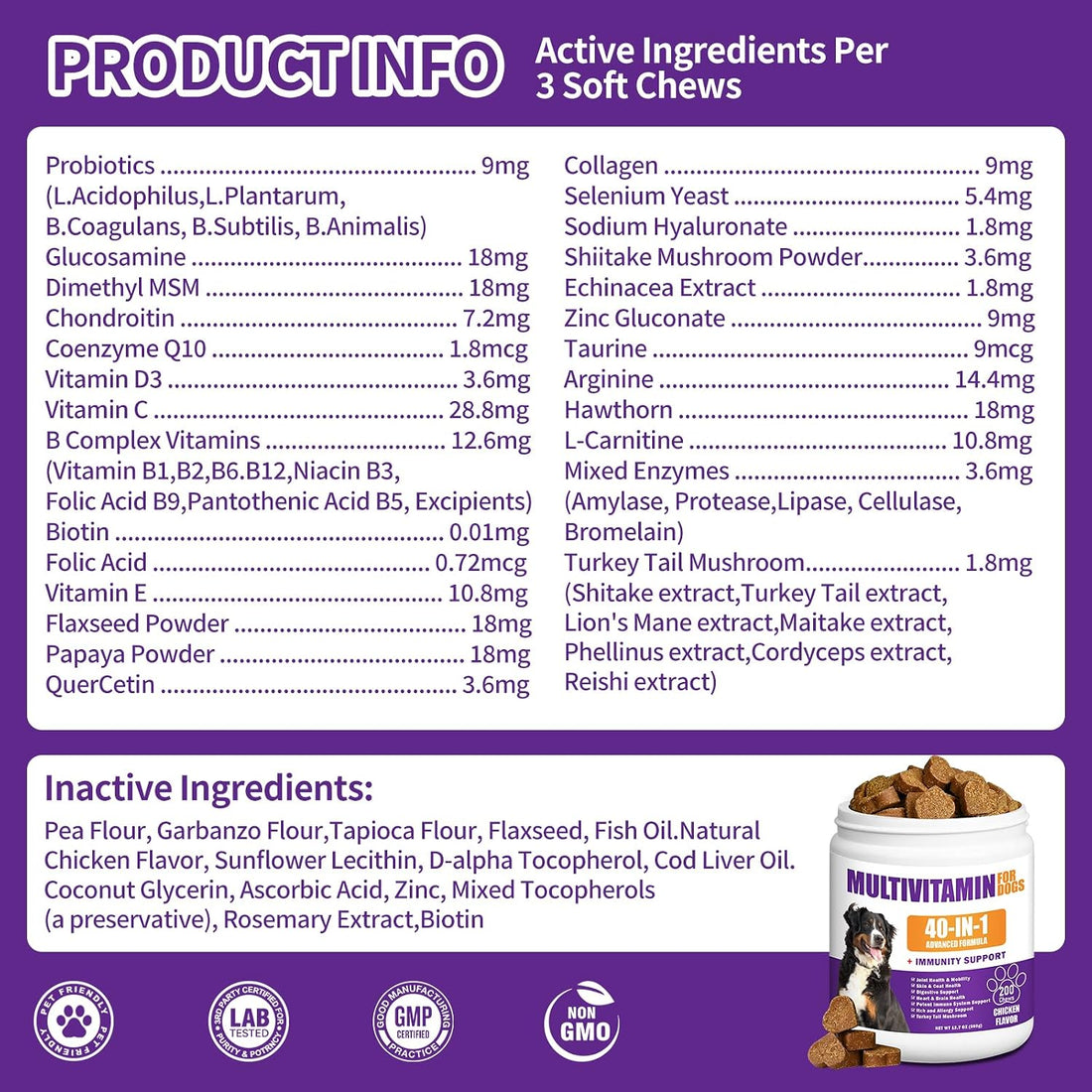 40 in 1 Dog Vitamins and Supplements 200Ct Dog Multivitamin Chewable