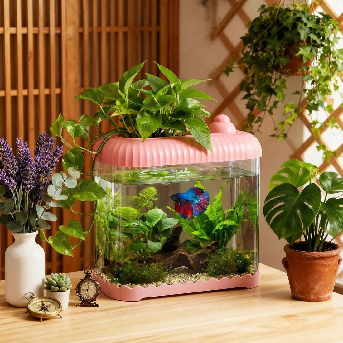 Geelin Pink 2 Gallon Plastic Fish Tank Shatterproof Betta Aquarium