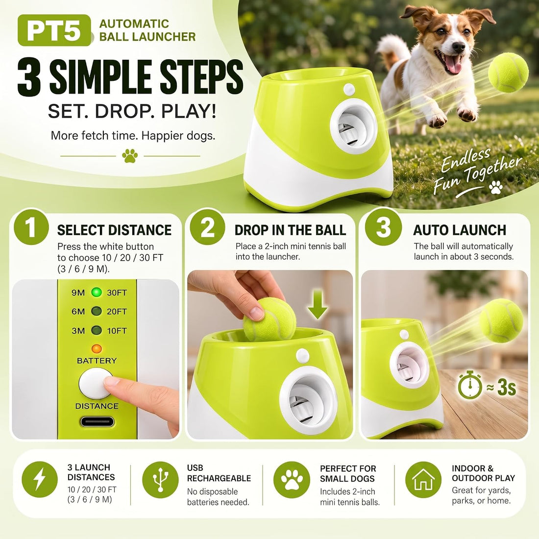 PT5 Automatic Dog Ball Launcher for Small Dogs
