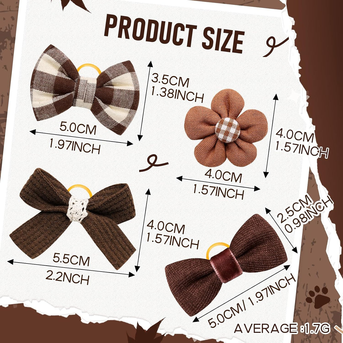 20Pcs Brown Dog Hair Bows with Rubber Bands for Small Medium Dogs