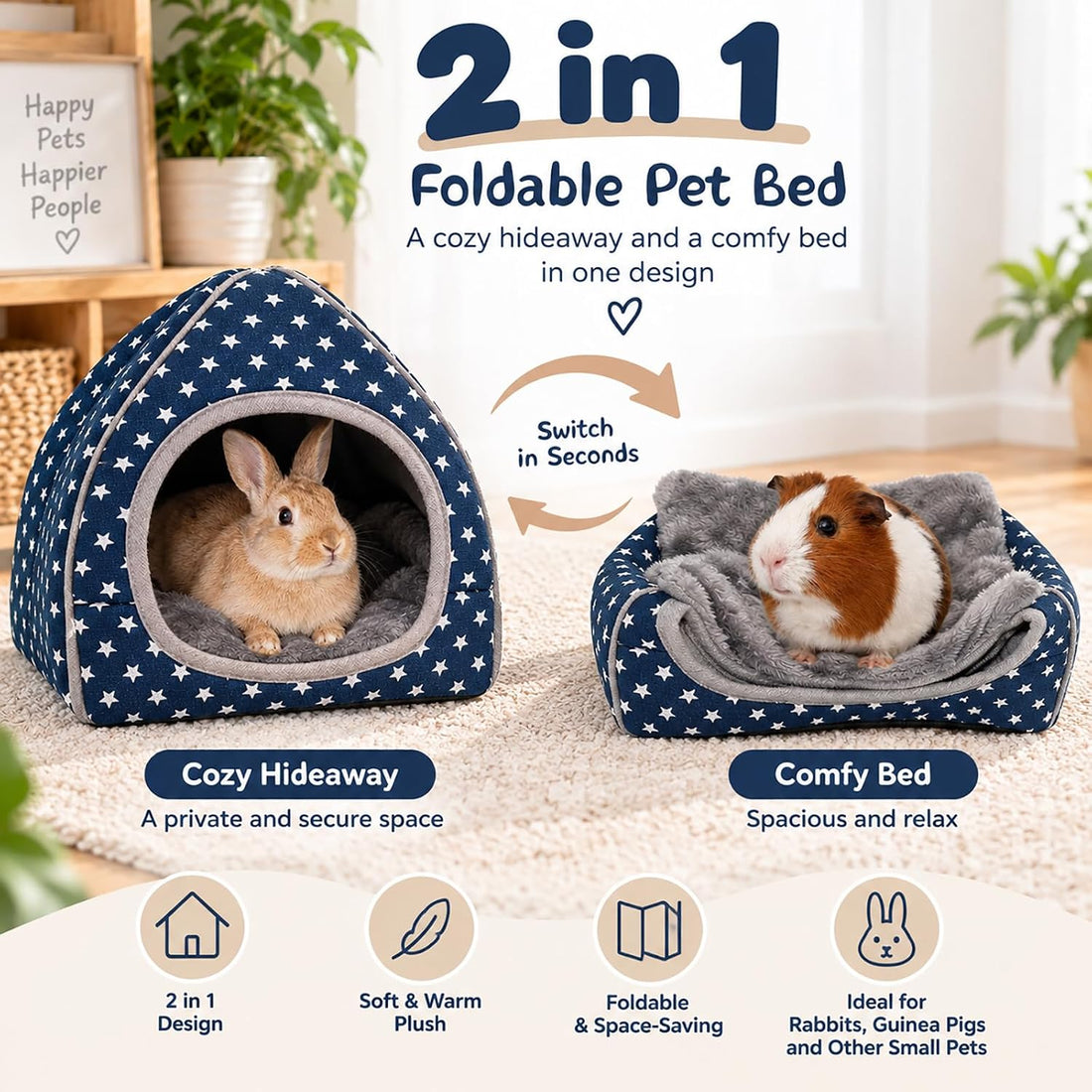 BWOGUE Guinea Pig Bed Hideout, Washable Hamster Cave for Small Animals