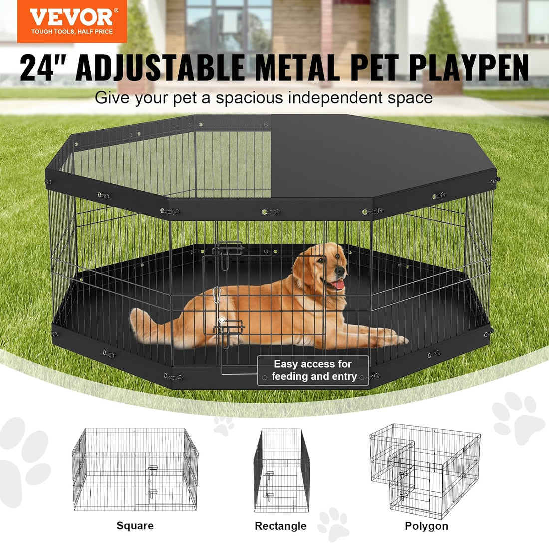 VEVOR 24" Dog Playpen, 8-Panel Foldable Metal Pet Pen with Top Cover