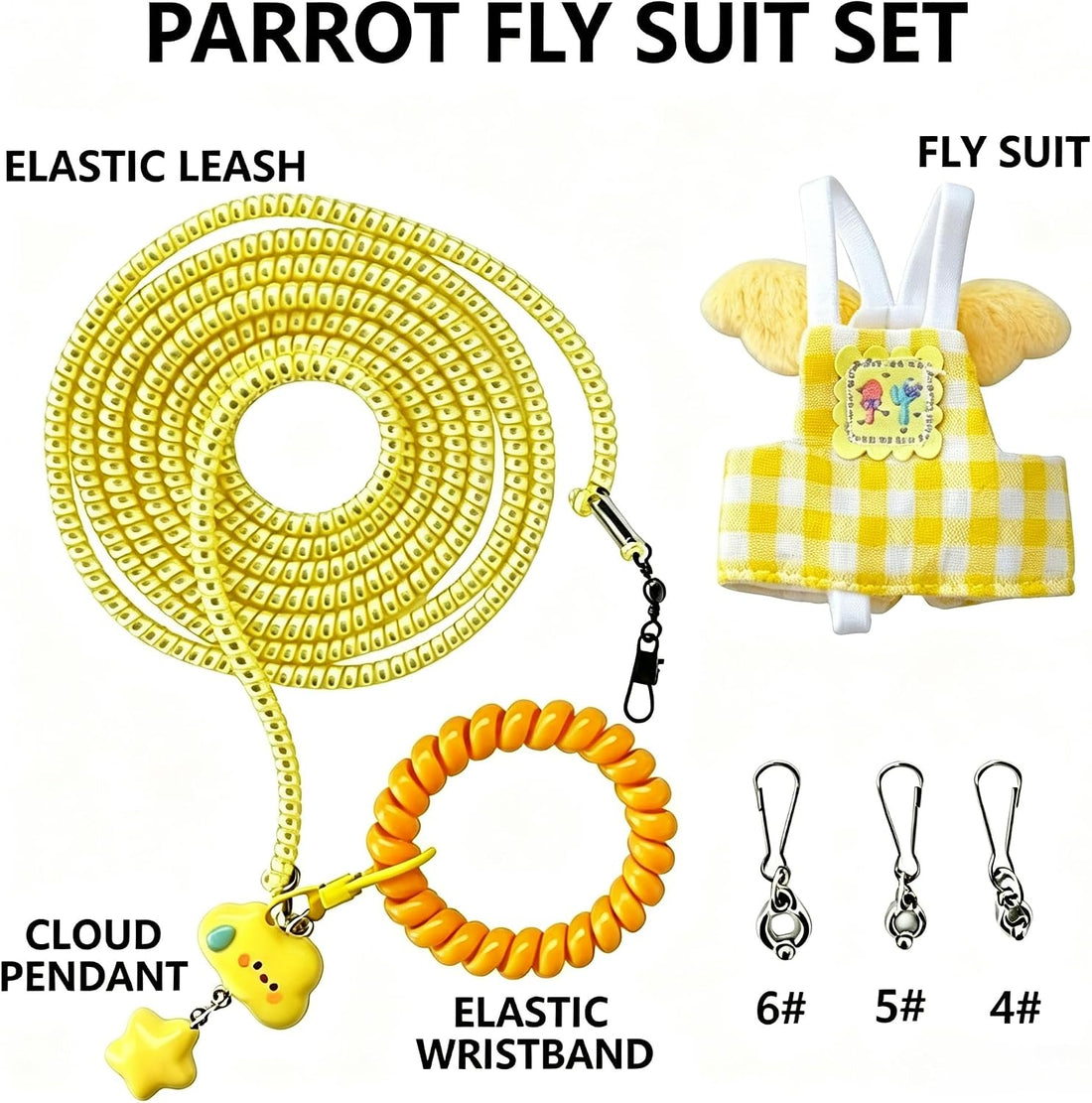Dual-Use Bird Harness & Bungee Leash Set w/Wings, 3 Rings, Yellow