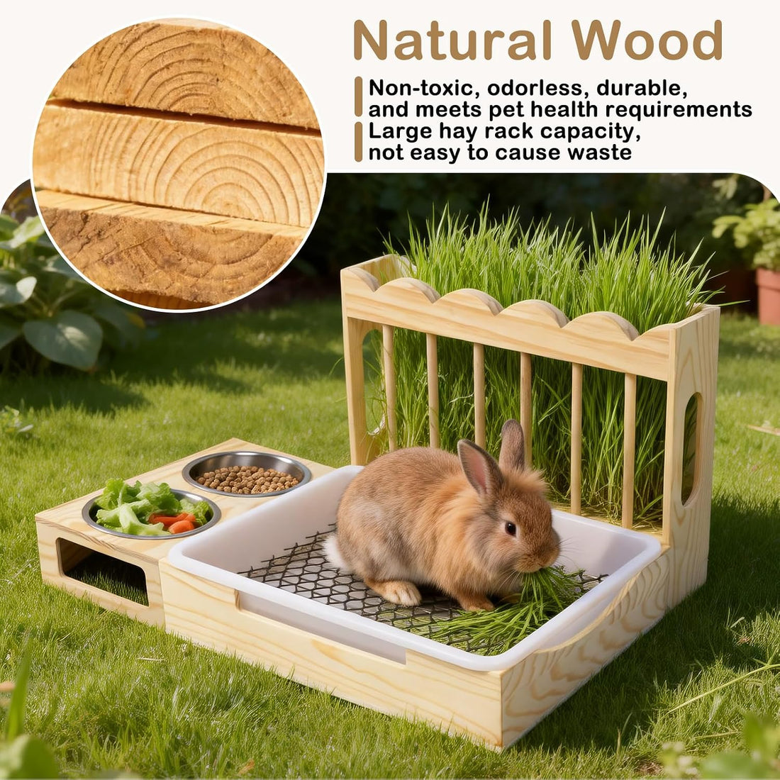 3-in-1 Wooden Rabbit Hay Feeder with Litter Box for Rabbits & Small