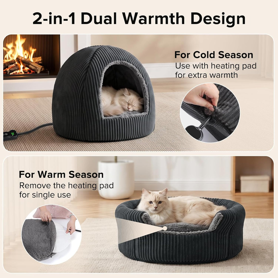 2 in 1 Foldable Heated Cat Cave Beds for Indoor Cats and Dogs