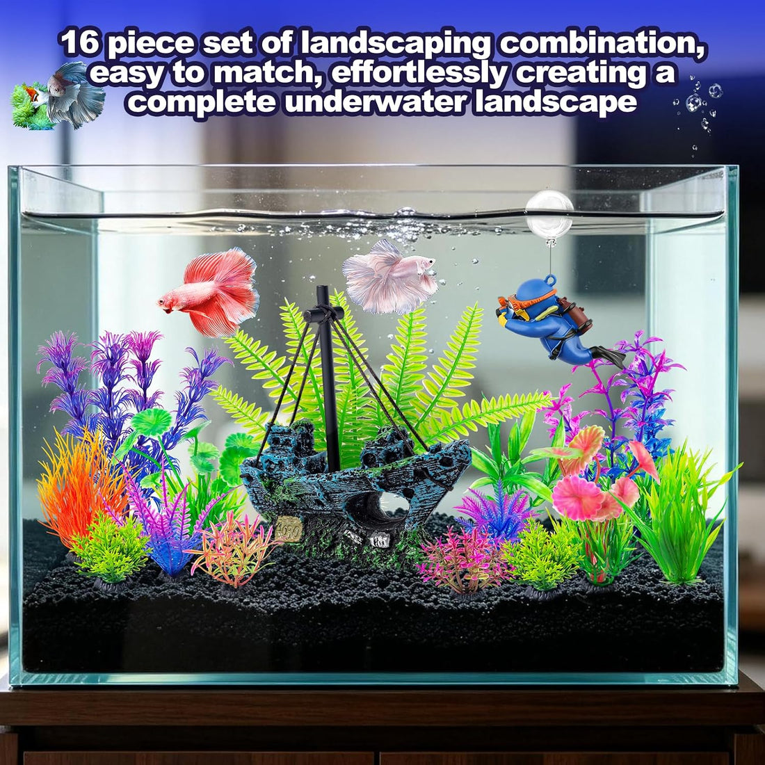 CousDUoBe 16 Pcs Fish Tank Decor Set Shipwreck Decoration Fish Tank
