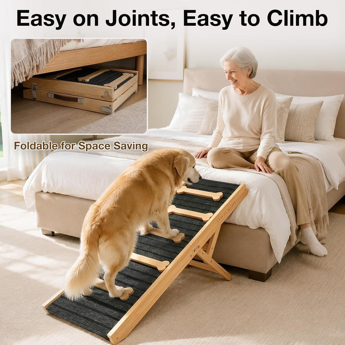 Dog Ramp for Bed & Couch, Height Adjust Foldable Wooden Pet Ramp