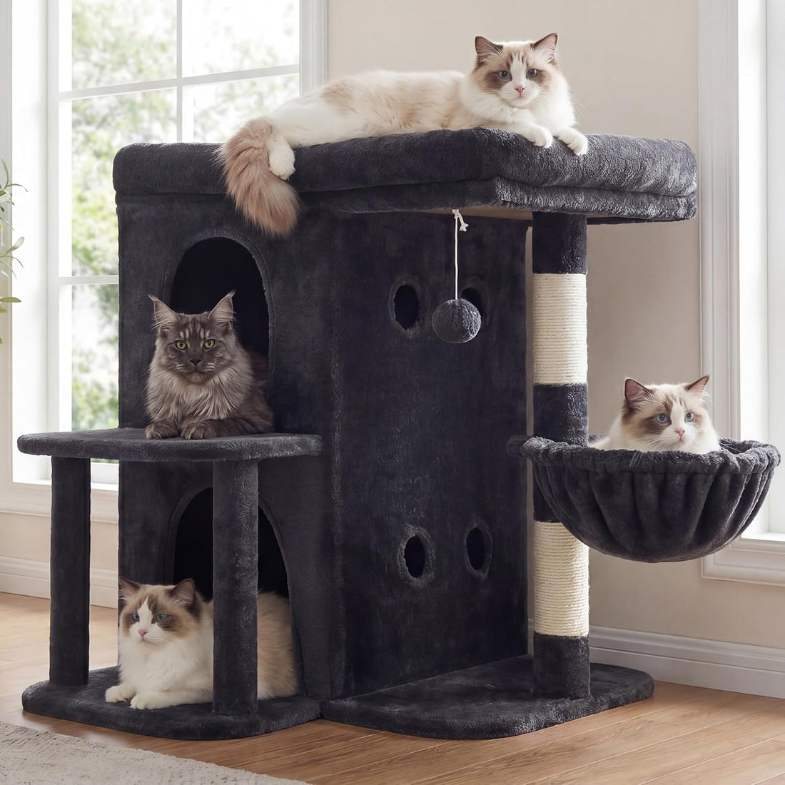 Heybly 26.3" Cat Tree for Large Cats with Big Perch & Dual Condos