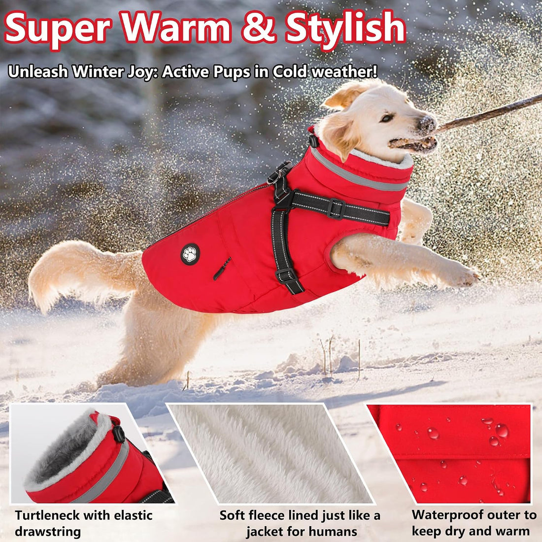 Dogcheer Dog Winter Coat with Harness, Waterproof Dog Warm Jacket