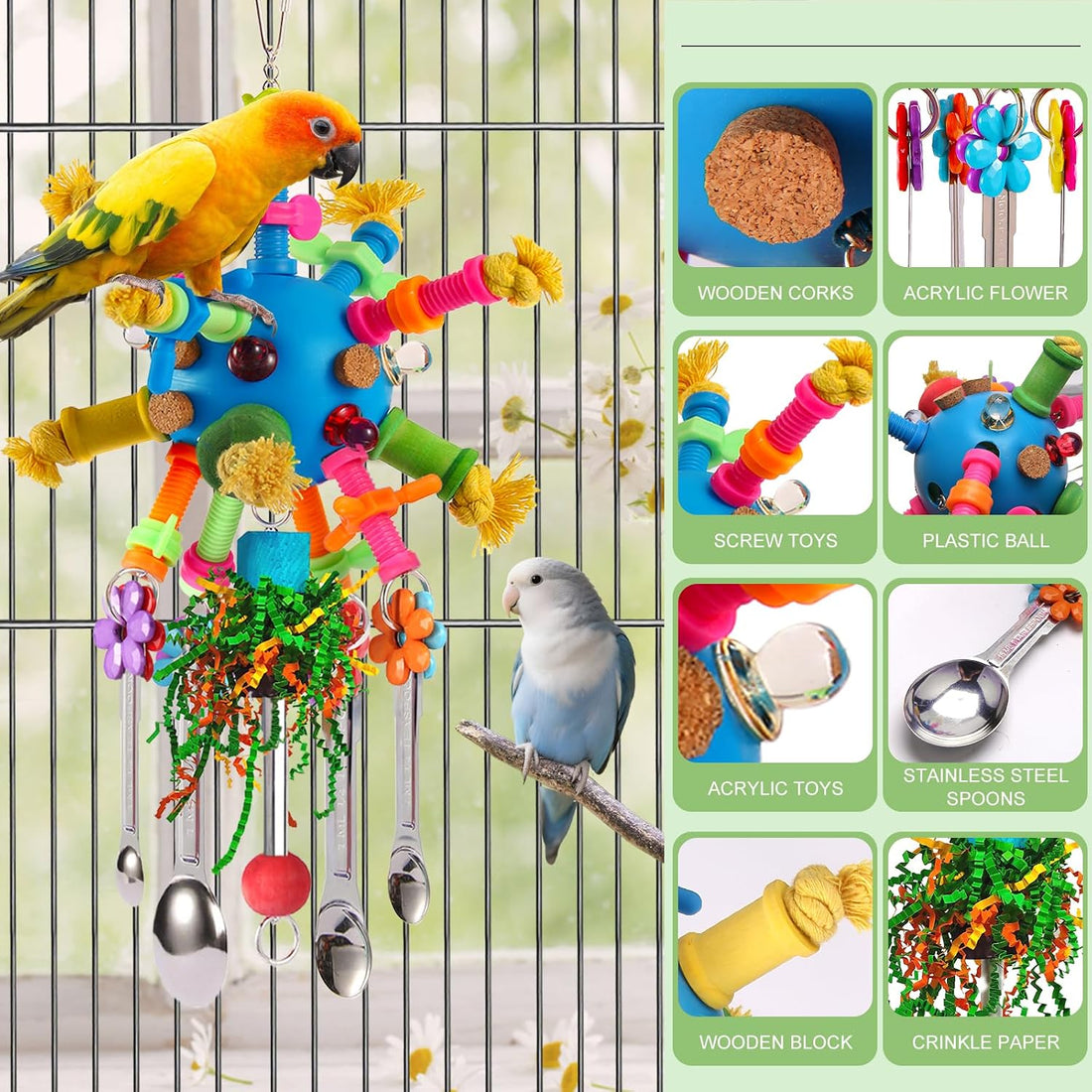 Parrot Toys Bird Toys Perch Pullable Stainless Steel Spoons Colorful