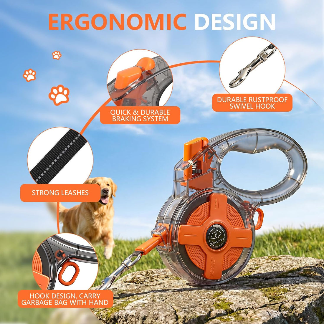 Retractable Dog Leash 13ft with Brake, for Small/Medium Dogs