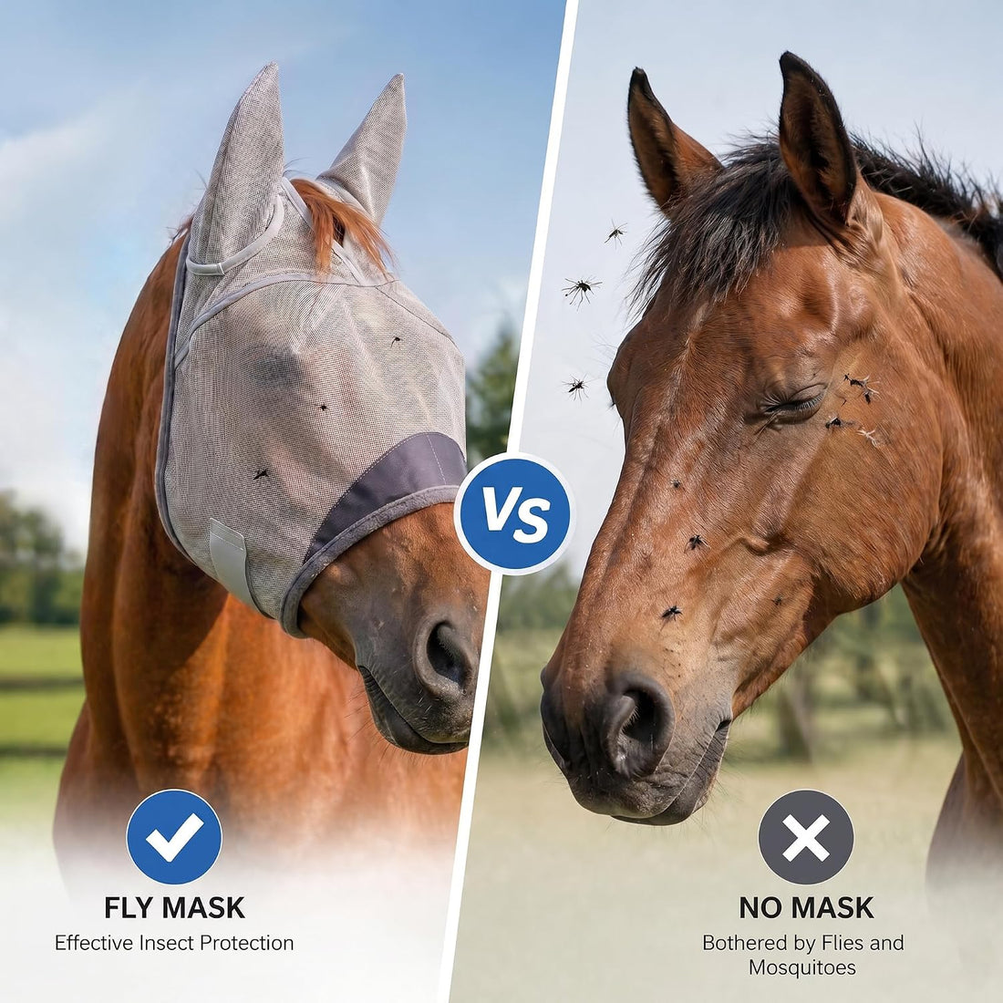 Horse Fly Mask with Ears - UV Protection Fine Mesh Super Comfort Fly