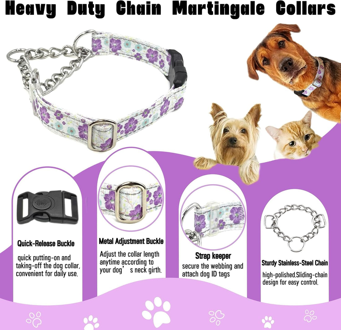 Martingale Dog Collar with Chain, Reflective Nylon Adjustable Collar